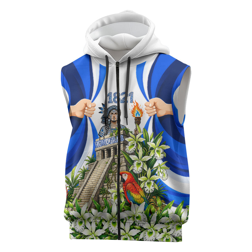 Honduras Independence Day Sleeveless Zip Hoodie Mayan Temple White Orchid Patriotic