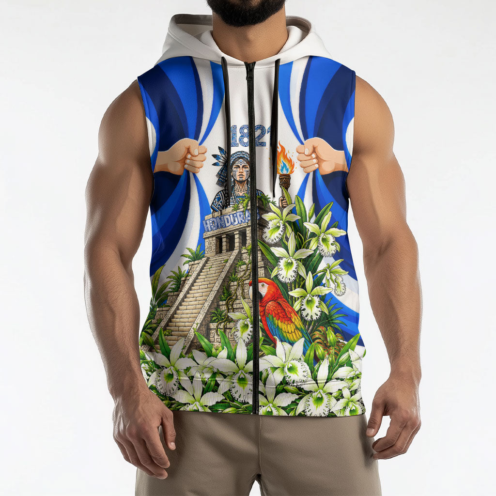 Honduras Independence Day Sleeveless Zip Hoodie Mayan Temple White Orchid Patriotic