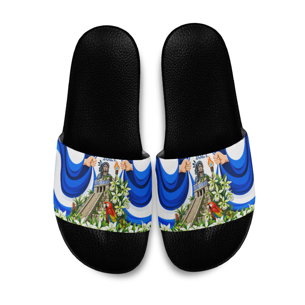 Honduras Independence Day Slide Sandals Mayan Temple White Orchid Patriotic