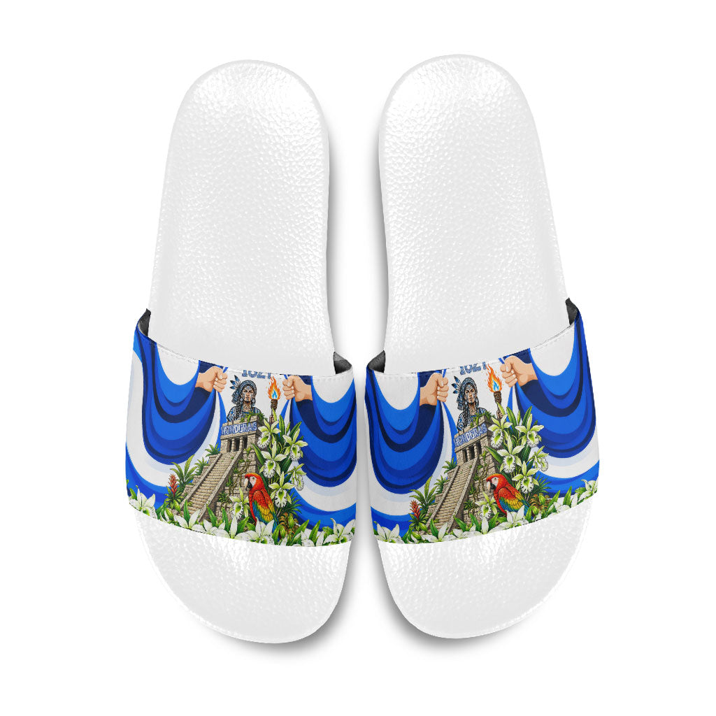 Honduras Independence Day Slide Sandals Mayan Temple White Orchid Patriotic