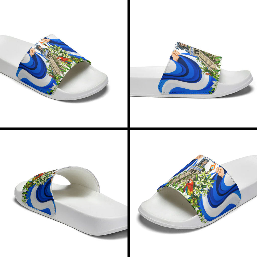 Honduras Independence Day Slide Sandals Mayan Temple White Orchid Patriotic