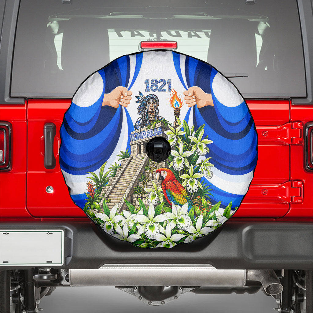 Honduras Independence Day Spare Tire Cover Mayan Temple White Orchid Patriotic