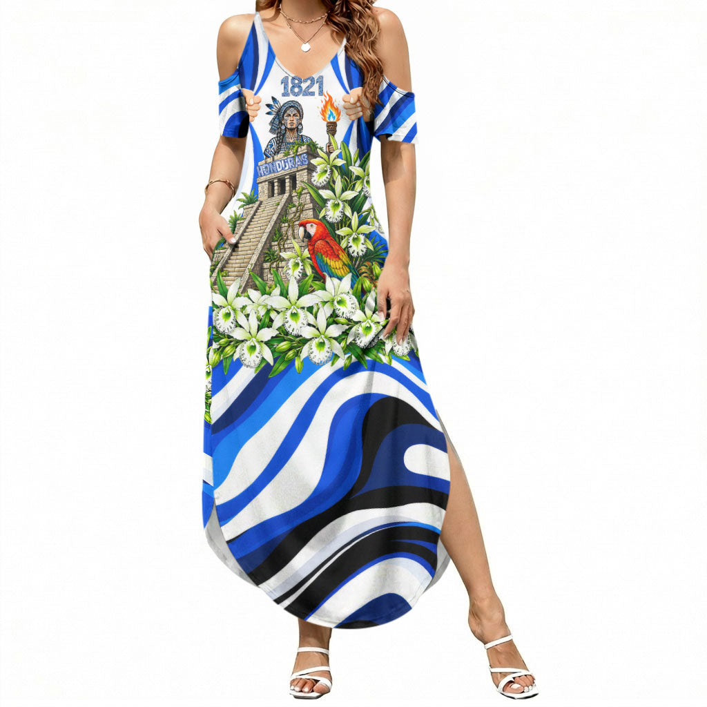 Honduras Independence Day Summer Maxi Dress Mayan Temple White Orchid Patriotic