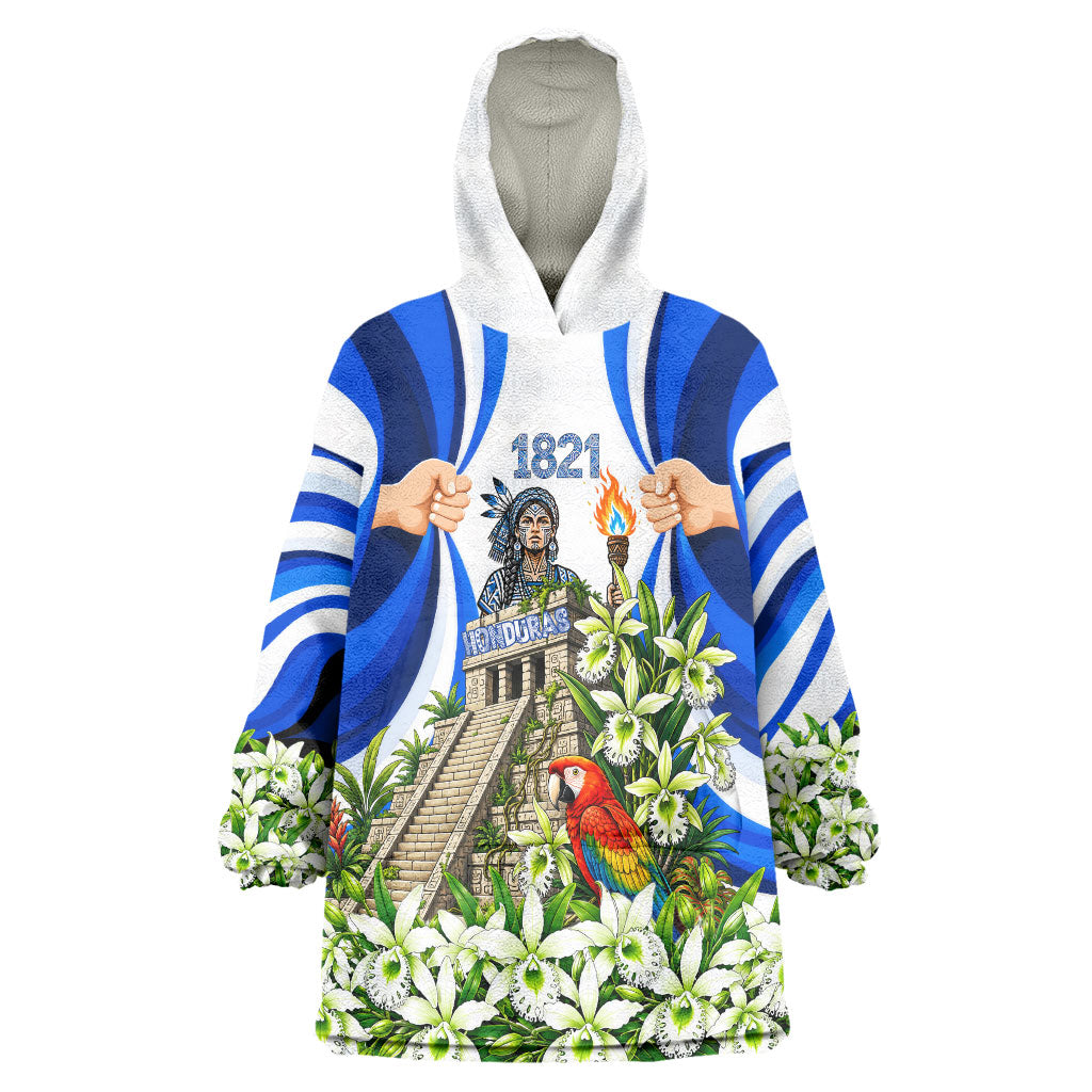 Honduras Independence Day Wearable Blanket Hoodie Mayan Temple White Orchid Patriotic