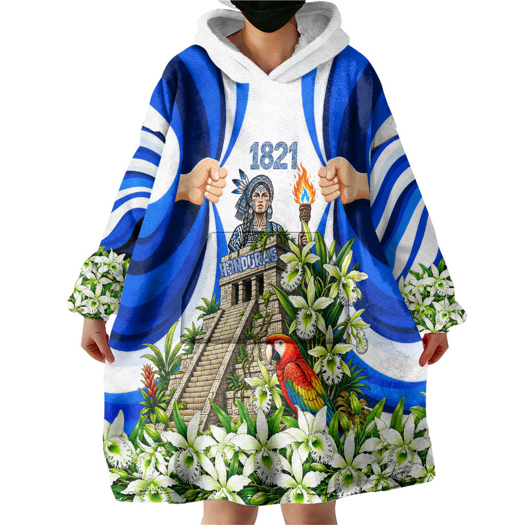 Honduras Independence Day Wearable Blanket Hoodie Mayan Temple White Orchid Patriotic