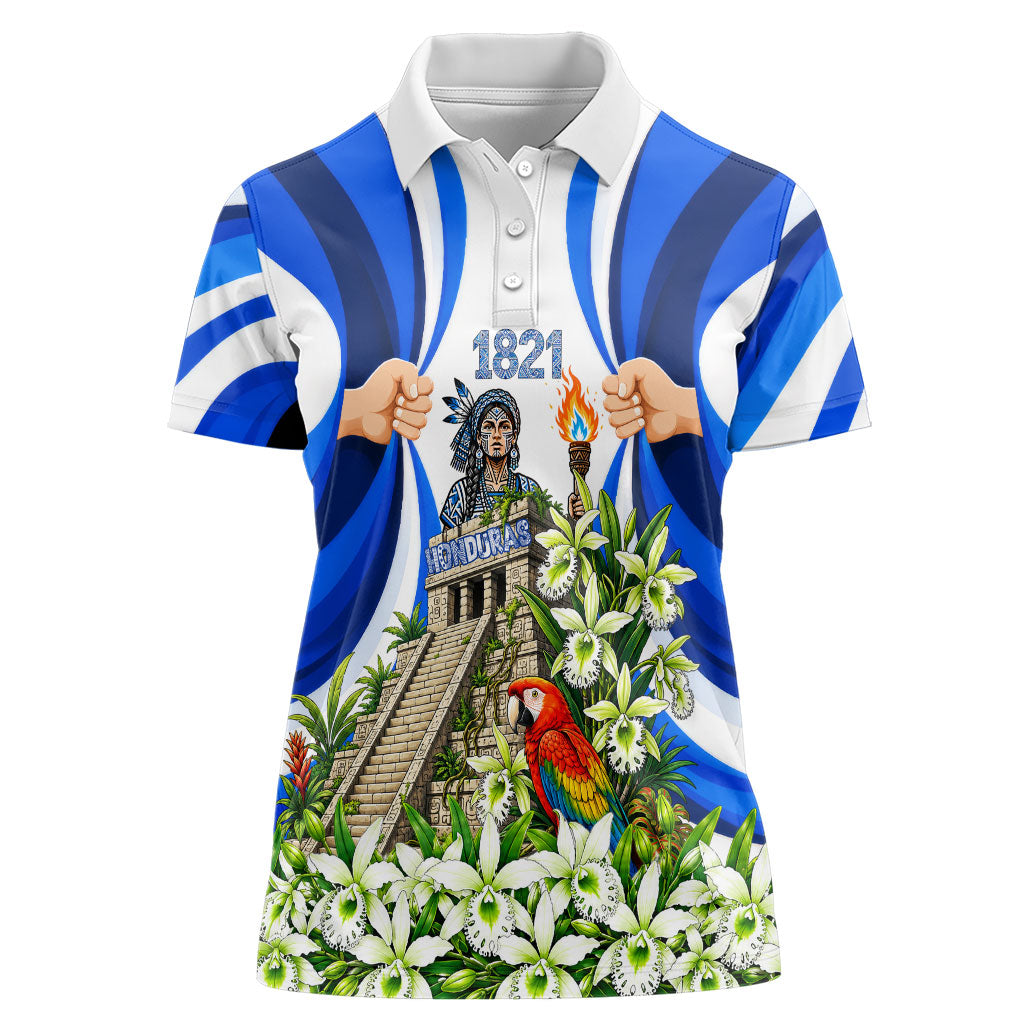 Honduras Independence Day Women Polo Shirt Mayan Temple White Orchid Patriotic