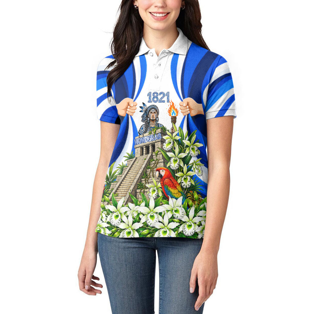 Honduras Independence Day Women Polo Shirt Mayan Temple White Orchid Patriotic