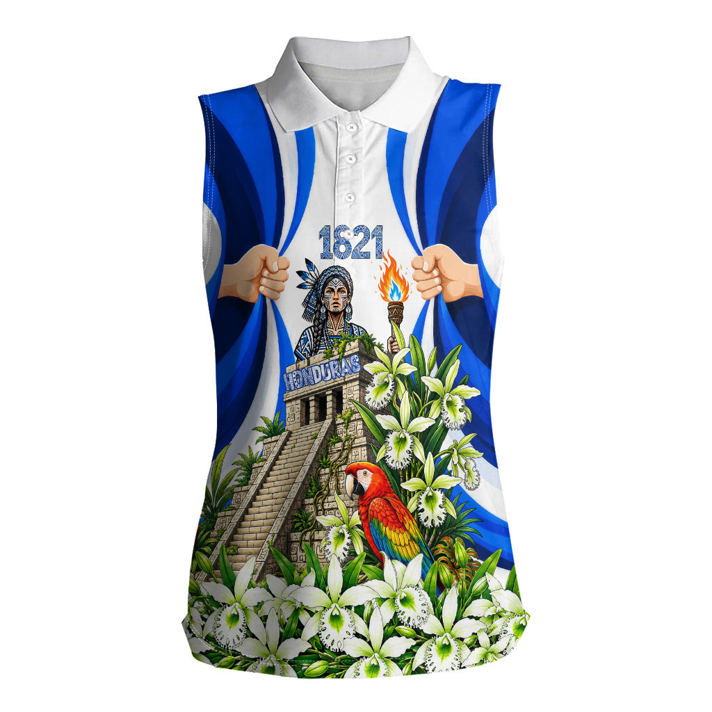 Honduras Independence Day Women Sleeveless Polo Shirt Mayan Temple White Orchid Patriotic
