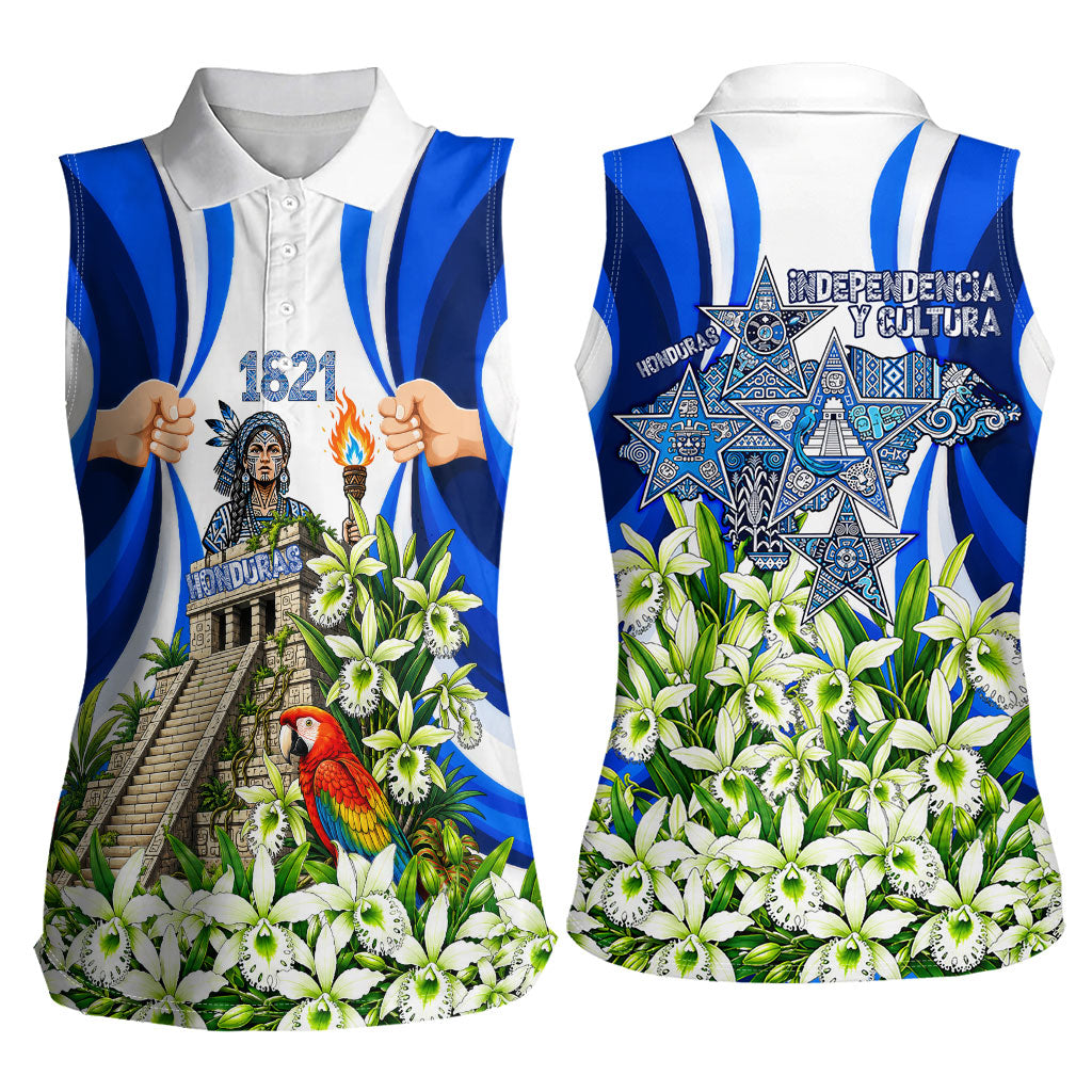 Honduras Independence Day Women Sleeveless Polo Shirt Mayan Temple White Orchid Patriotic
