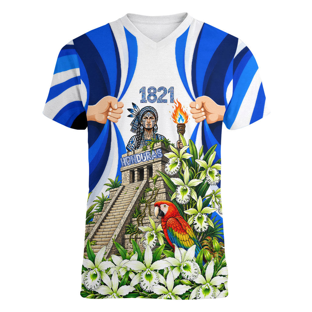 Honduras Independence Day Women V-Neck T-Shirt Mayan Temple White Orchid Patriotic