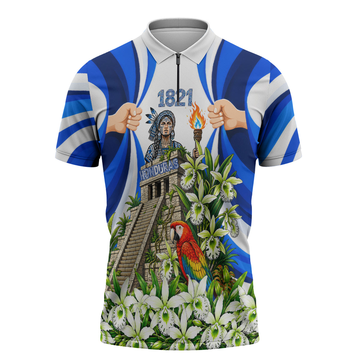 Honduras Independence Day Zipper Polo Shirt Mayan Temple White Orchid Patriotic