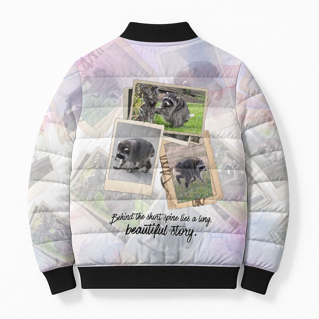Jimothy The Raccoon Short Spines Long Story Bomber Puffer Jacket Vintage Polaroid Scrapbook Photography Collage