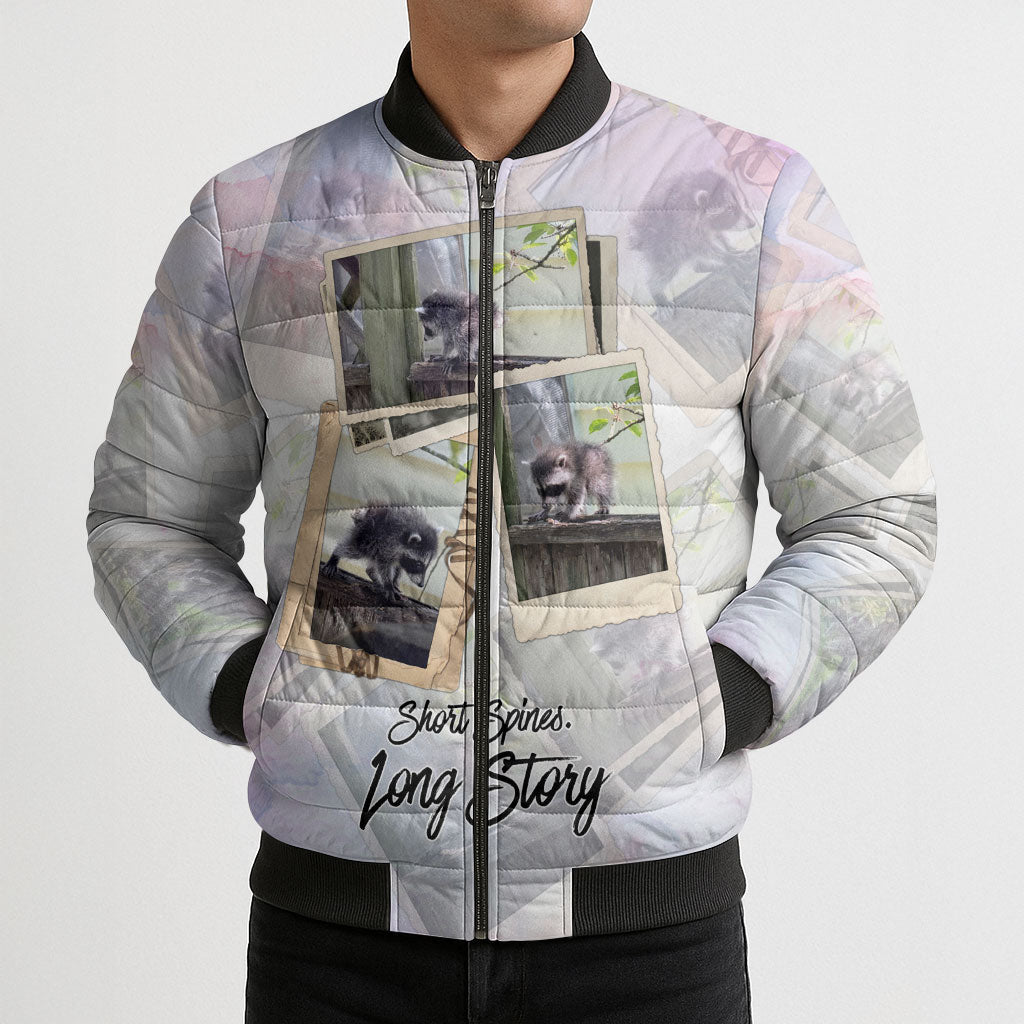 Jimothy The Raccoon Short Spines Long Story Bomber Puffer Jacket Vintage Polaroid Scrapbook Photography Collage