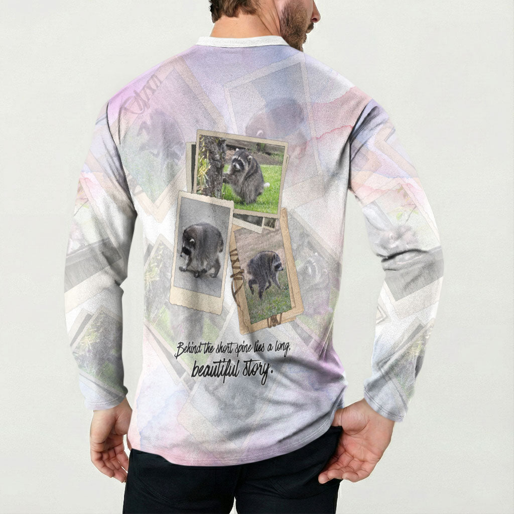 Jimothy The Raccoon Short Spines Long Story Button Sweatshirt Vintage Polaroid Scrapbook Photography Collage