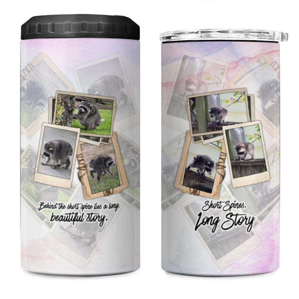 Jimothy The Raccoon Short Spines Long Story 4 in 1 Can Cooler Tumbler Vintage Polaroid Scrapbook Photography Collage