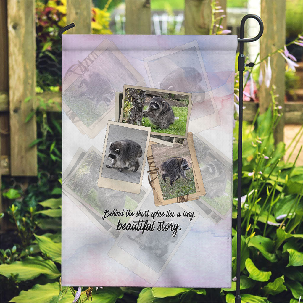 Jimothy The Raccoon Short Spines Long Story Garden Flag Vintage Polaroid Scrapbook Photography Collage