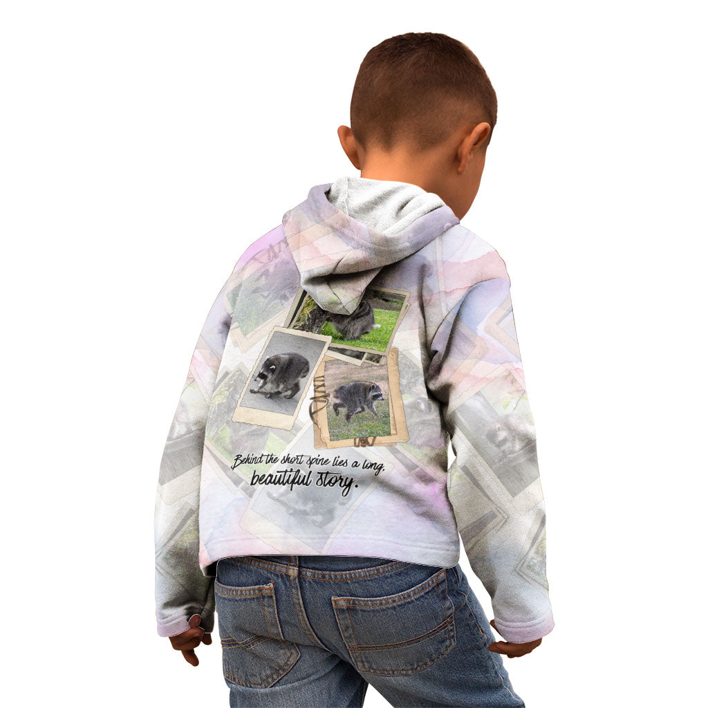 Jimothy The Raccoon Short Spines Long Story Kid Hoodie Vintage Polaroid Scrapbook Photography Collage