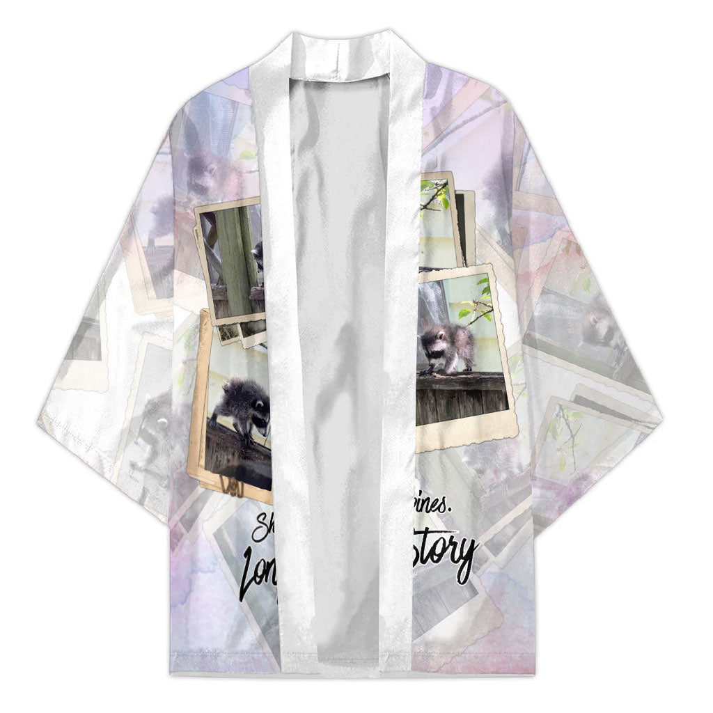 Jimothy The Raccoon Short Spines Long Story Kimono Vintage Polaroid Scrapbook Photography Collage