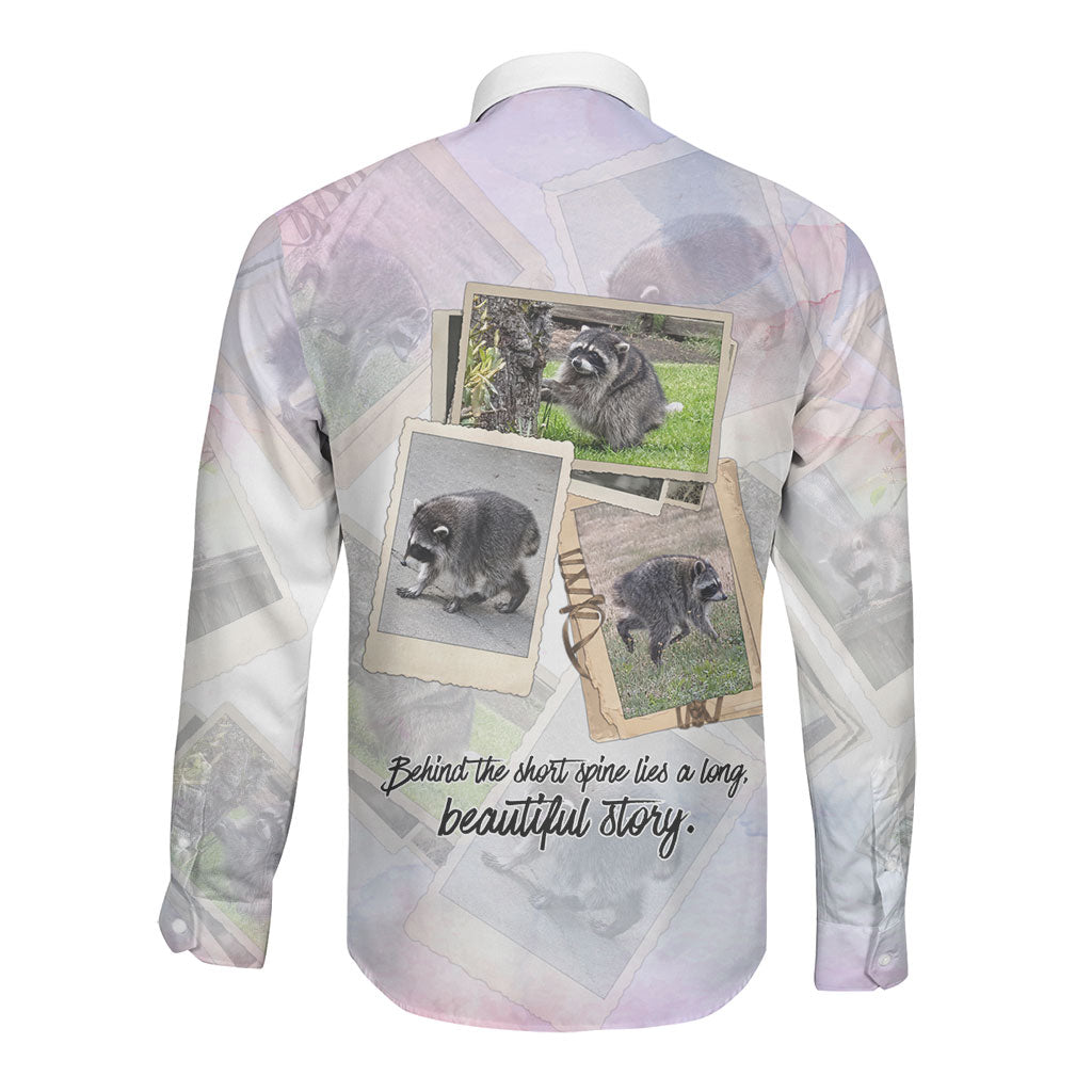 Jimothy The Raccoon Short Spines Long Story Long Sleeve Button Shirt Vintage Polaroid Scrapbook Photography Collage