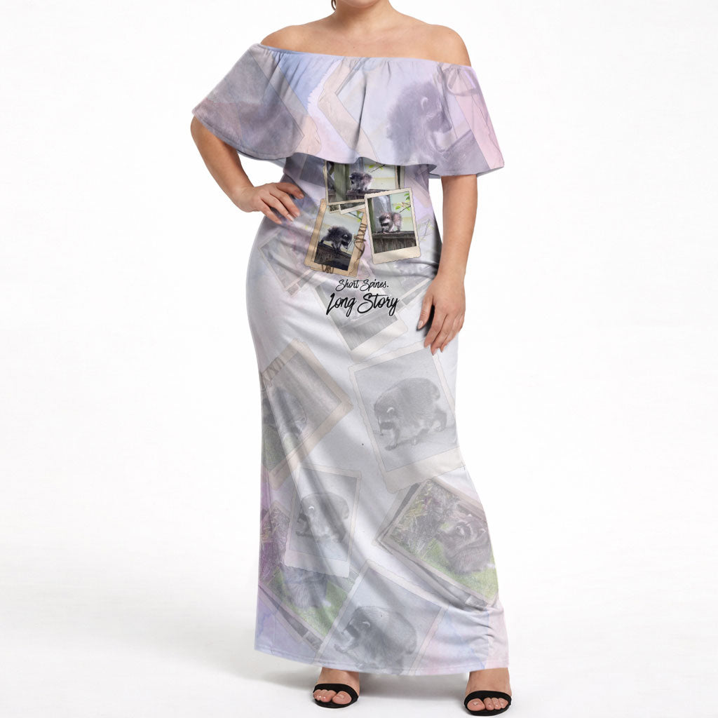 Jimothy The Raccoon Short Spines Long Story Off Shoulder Maxi Dress Vintage Polaroid Scrapbook Photography Collage