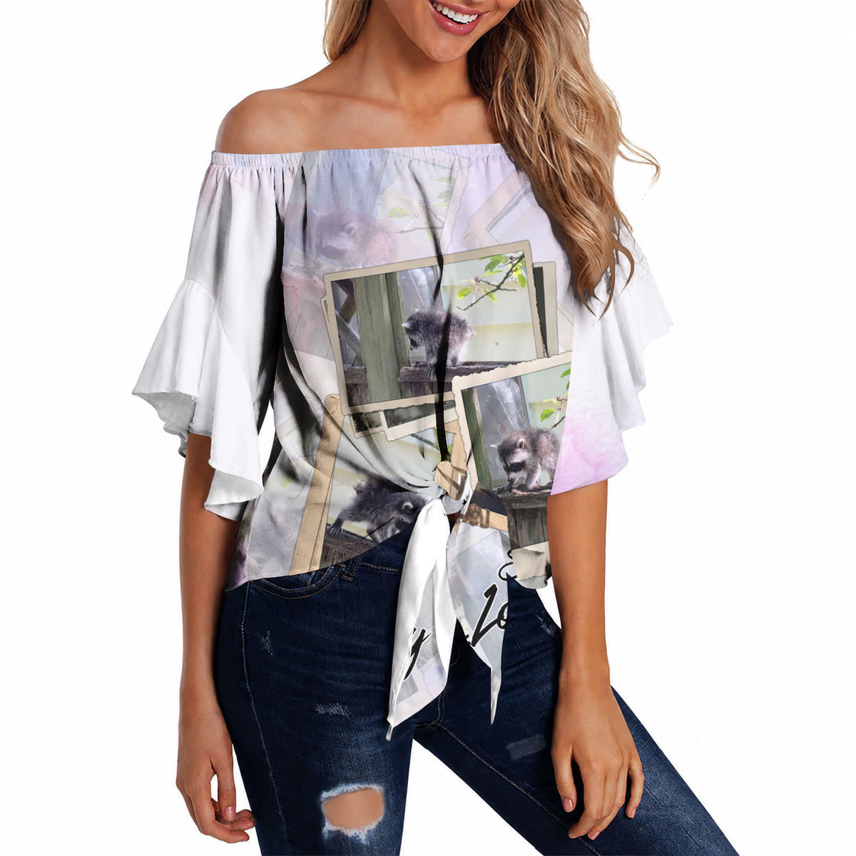 Jimothy The Raccoon Short Spines Long Story Off Shoulder Wrap Waist Top Vintage Polaroid Scrapbook Photography Collage