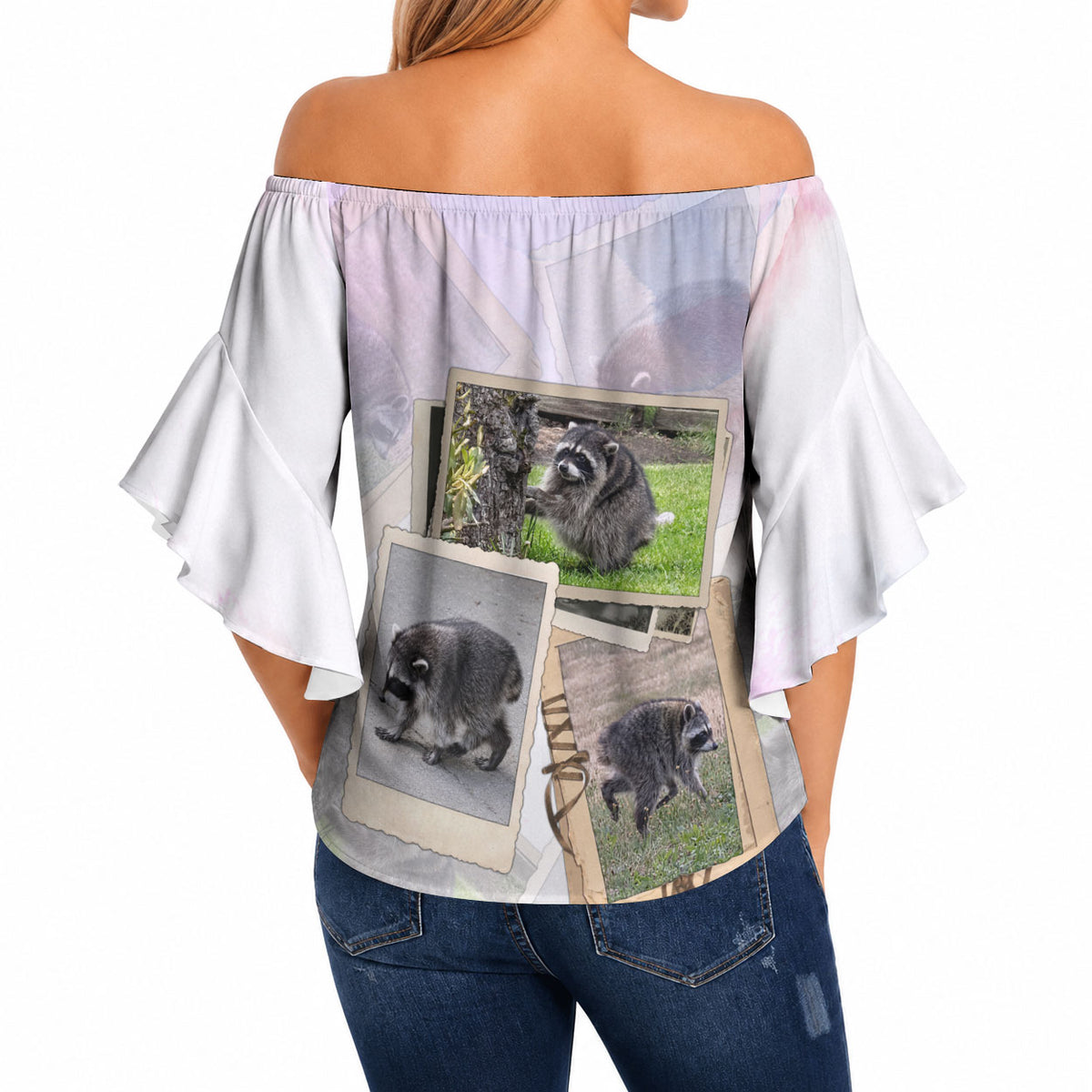 Jimothy The Raccoon Short Spines Long Story Off Shoulder Wrap Waist Top Vintage Polaroid Scrapbook Photography Collage