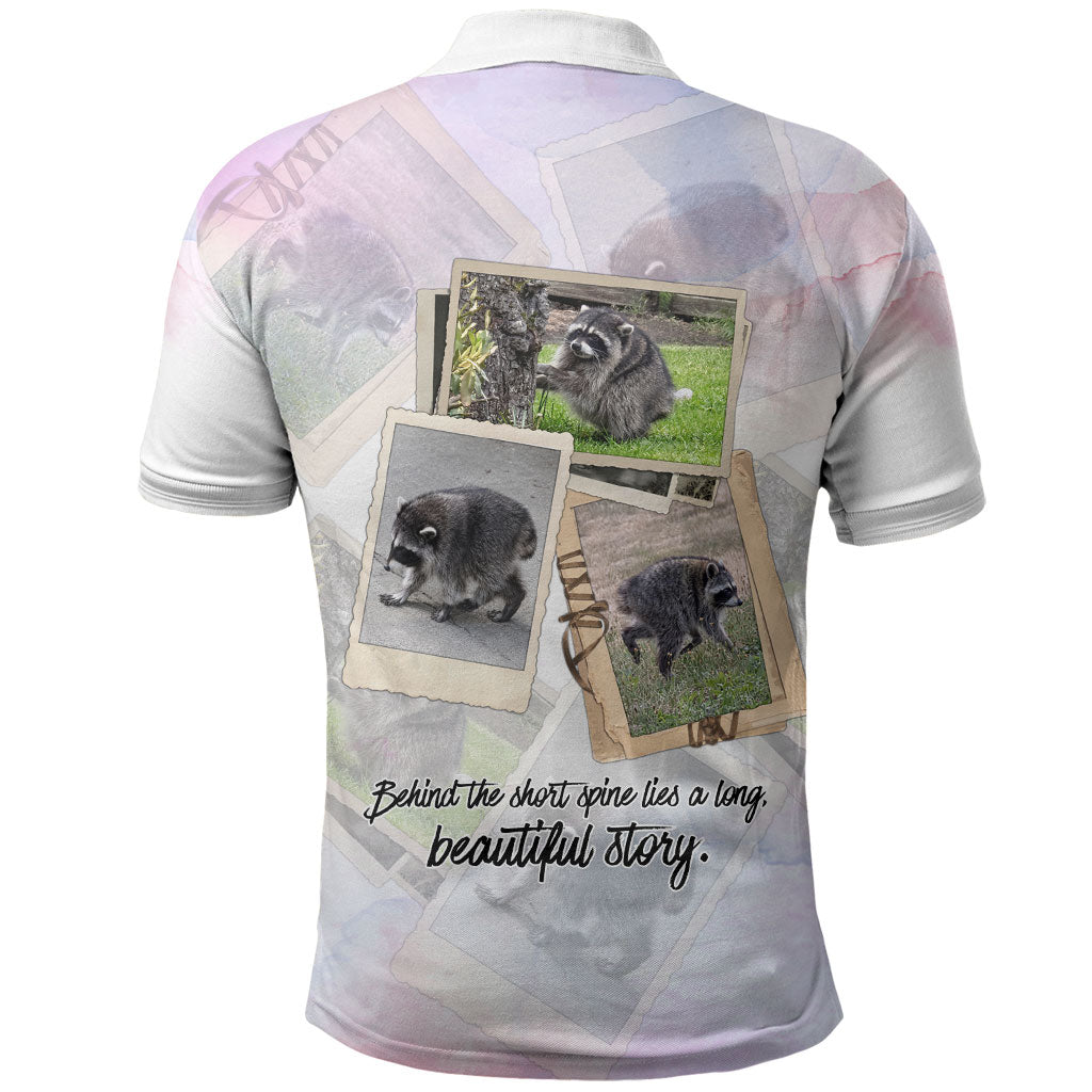 Jimothy The Raccoon Short Spines Long Story Polo Shirt Vintage Polaroid Scrapbook Photography Collage