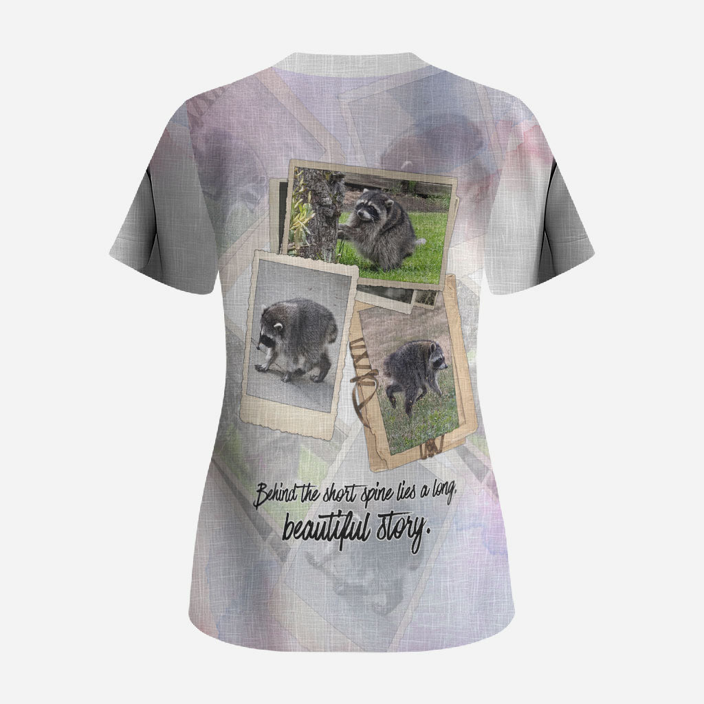 Jimothy The Raccoon Short Spines Long Story Scrub Top Vintage Polaroid Scrapbook Photography Collage