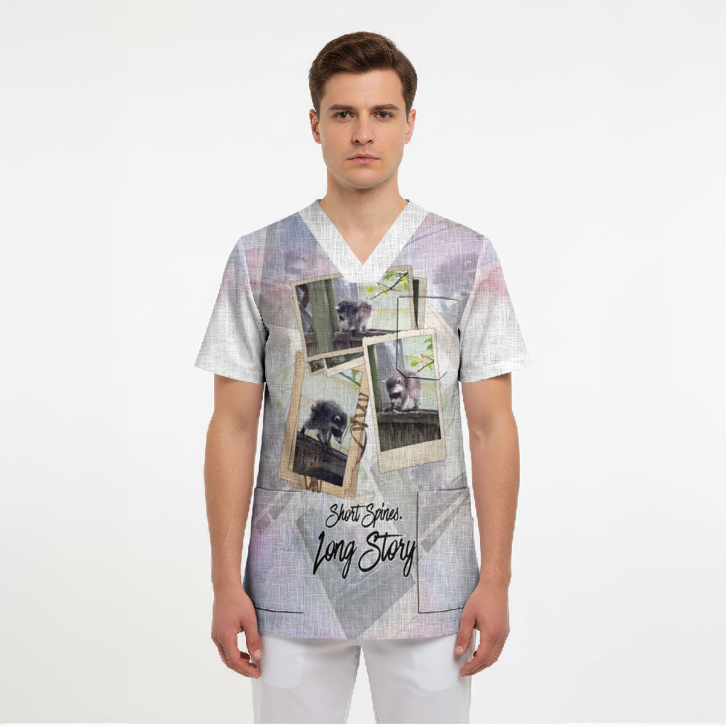 Jimothy The Raccoon Short Spines Long Story Scrub Top Vintage Polaroid Scrapbook Photography Collage