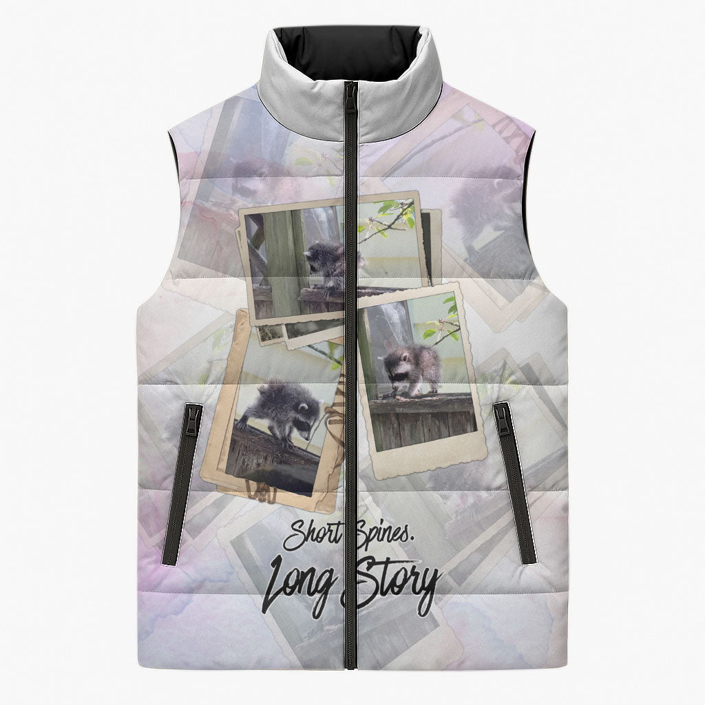Jimothy The Raccoon Short Spines Long Story Sleeveless Puffer Jacket Vintage Polaroid Scrapbook Photography Collage