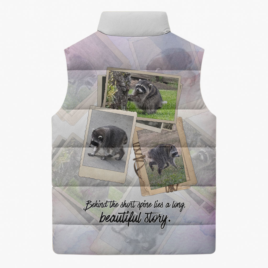 Jimothy The Raccoon Short Spines Long Story Sleeveless Puffer Jacket Vintage Polaroid Scrapbook Photography Collage