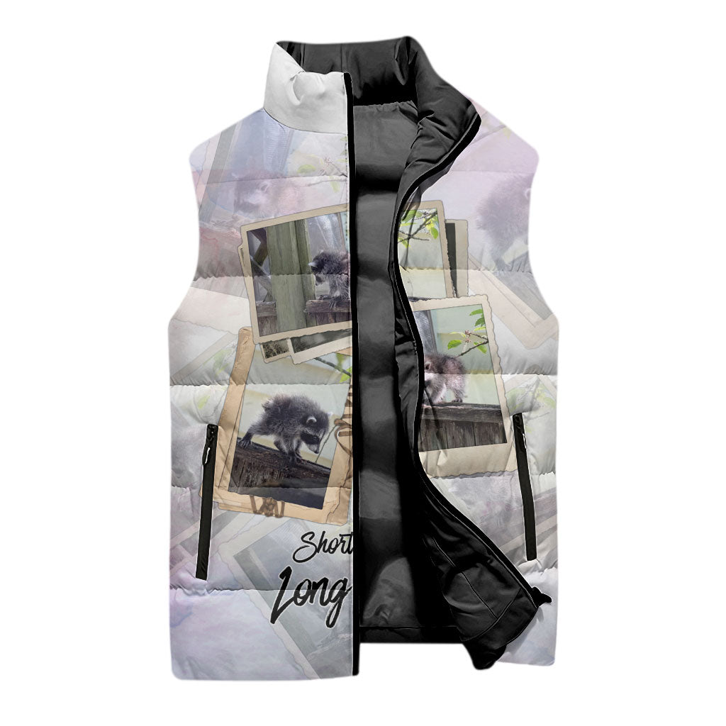 Jimothy The Raccoon Short Spines Long Story Sleeveless Puffer Jacket Vintage Polaroid Scrapbook Photography Collage