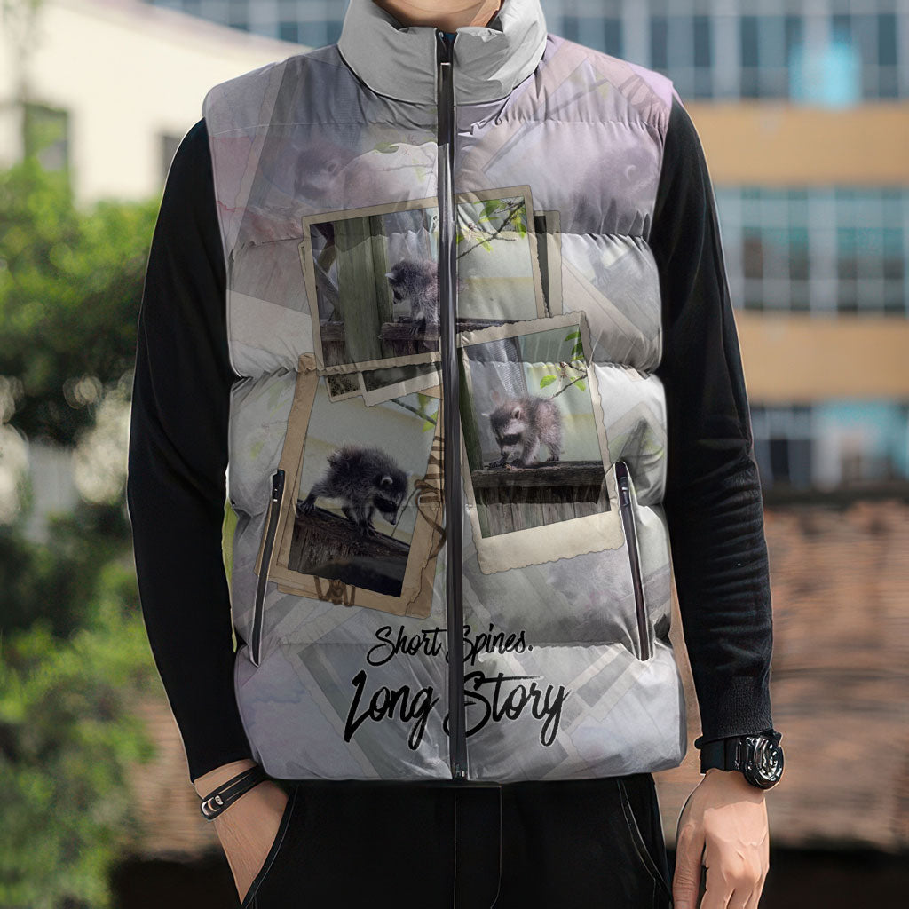 Jimothy The Raccoon Short Spines Long Story Sleeveless Puffer Jacket Vintage Polaroid Scrapbook Photography Collage