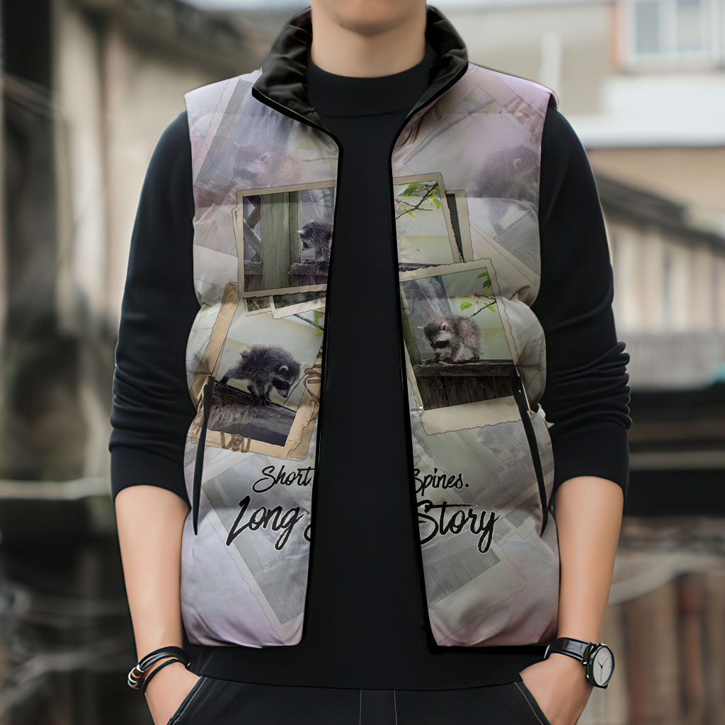 Jimothy The Raccoon Short Spines Long Story Sleeveless Puffer Jacket Vintage Polaroid Scrapbook Photography Collage