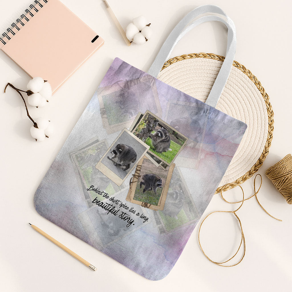 Jimothy The Raccoon Short Spines Long Story Tote Bag Vintage Polaroid Scrapbook Photography Collage