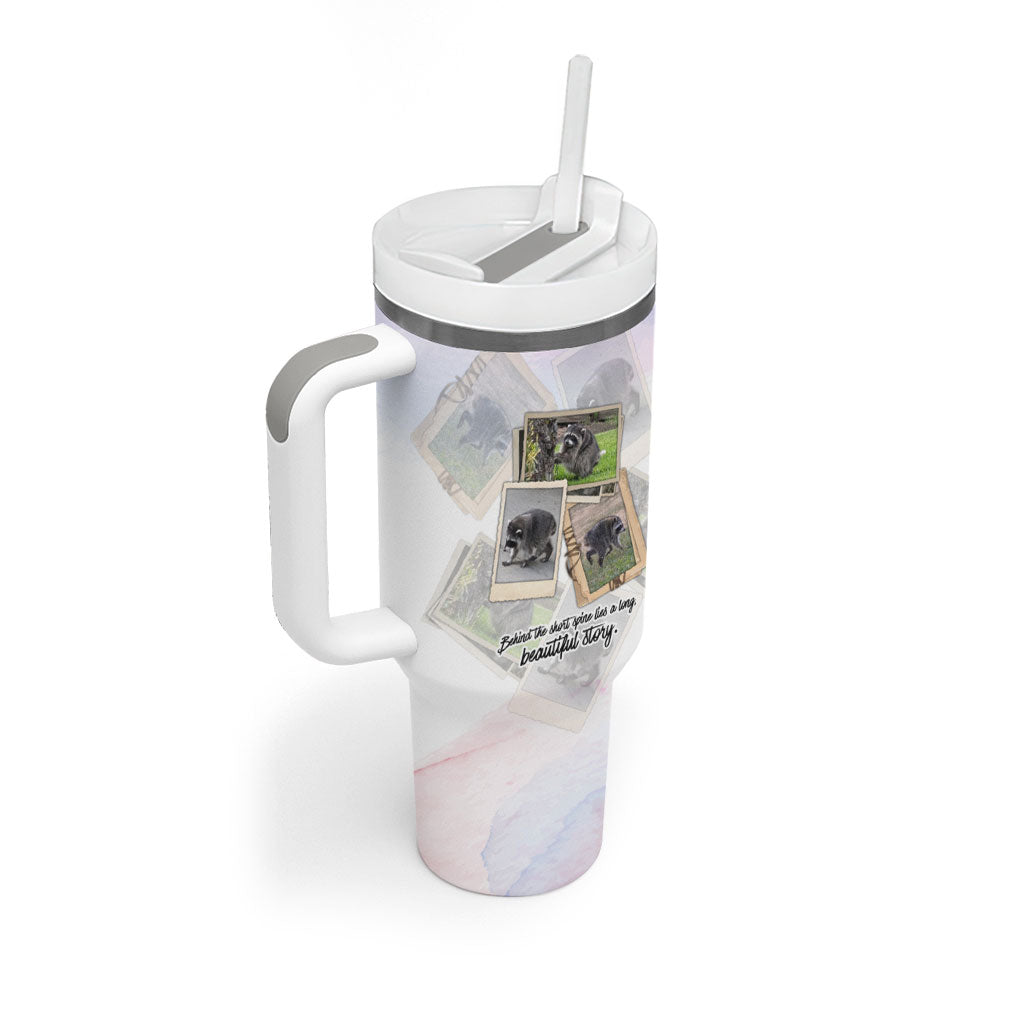 Jimothy The Raccoon Short Spines Long Story Tumbler With Handle Vintage Polaroid Scrapbook Photography Collage