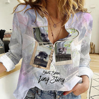 Jimothy The Raccoon Short Spines Long Story Women Casual Shirt Vintage Polaroid Scrapbook Photography Collage