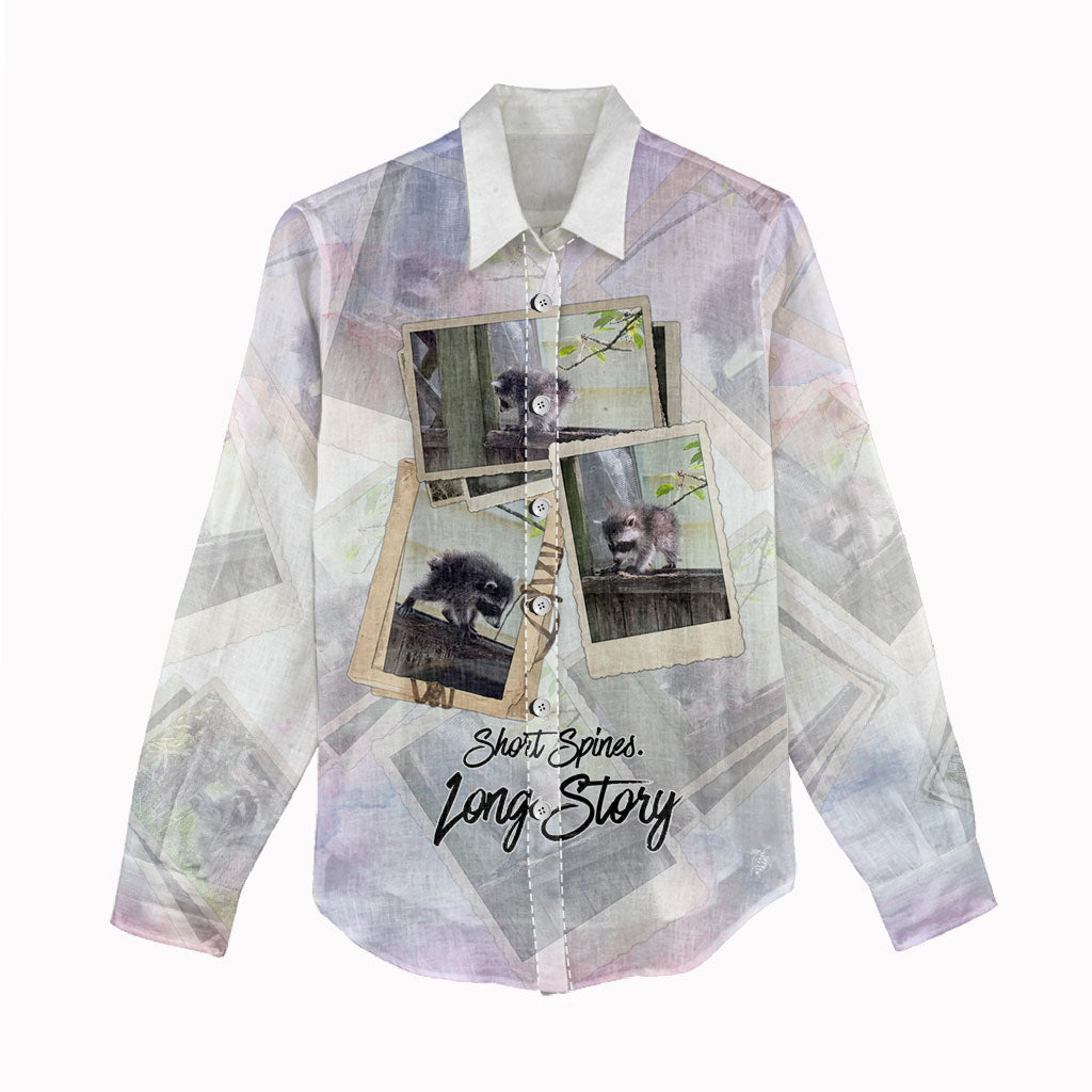 Jimothy The Raccoon Short Spines Long Story Women Casual Shirt Vintage Polaroid Scrapbook Photography Collage