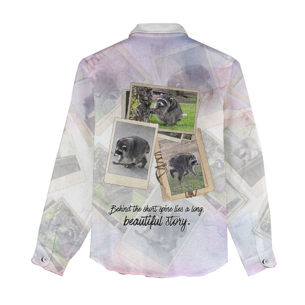 Jimothy The Raccoon Short Spines Long Story Women Casual Shirt Vintage Polaroid Scrapbook Photography Collage