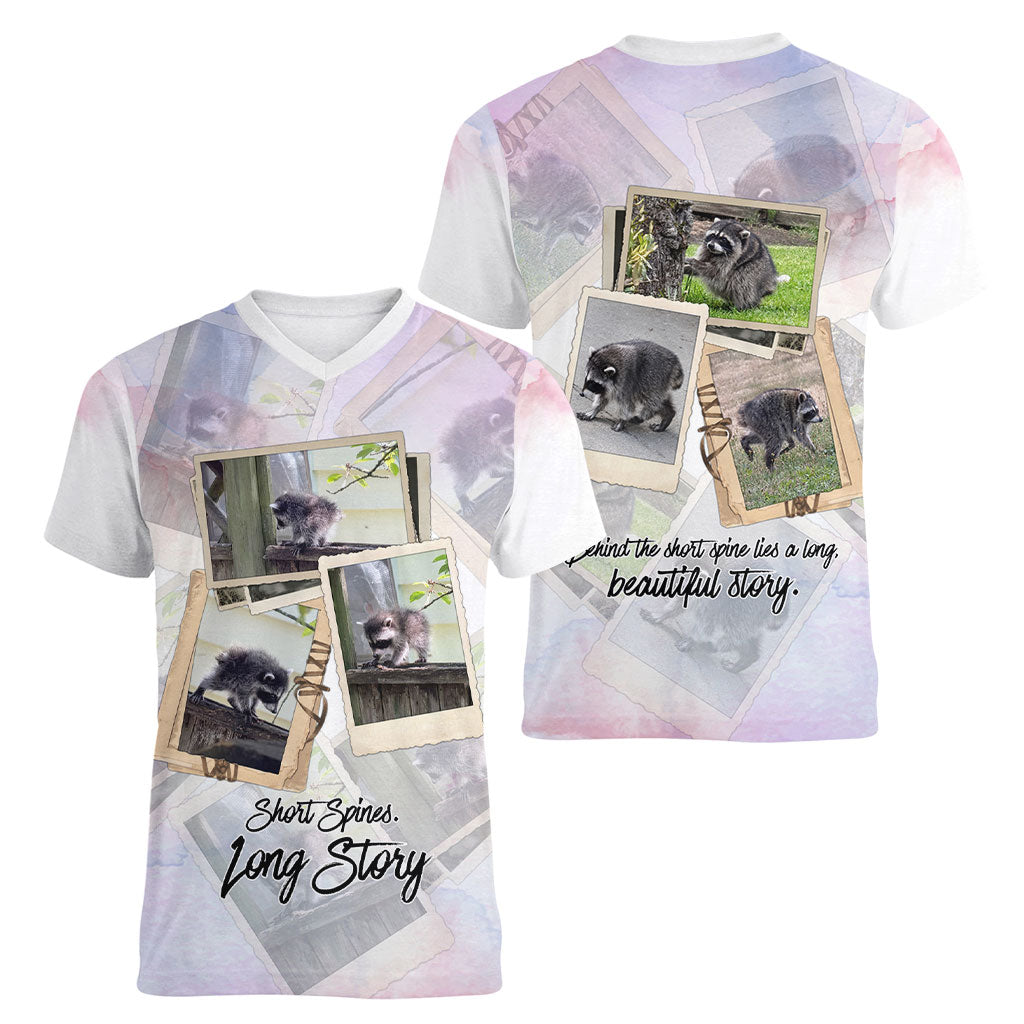 Jimothy The Raccoon Short Spines Long Story Women V-Neck T-Shirt Vintage Polaroid Scrapbook Photography Collage