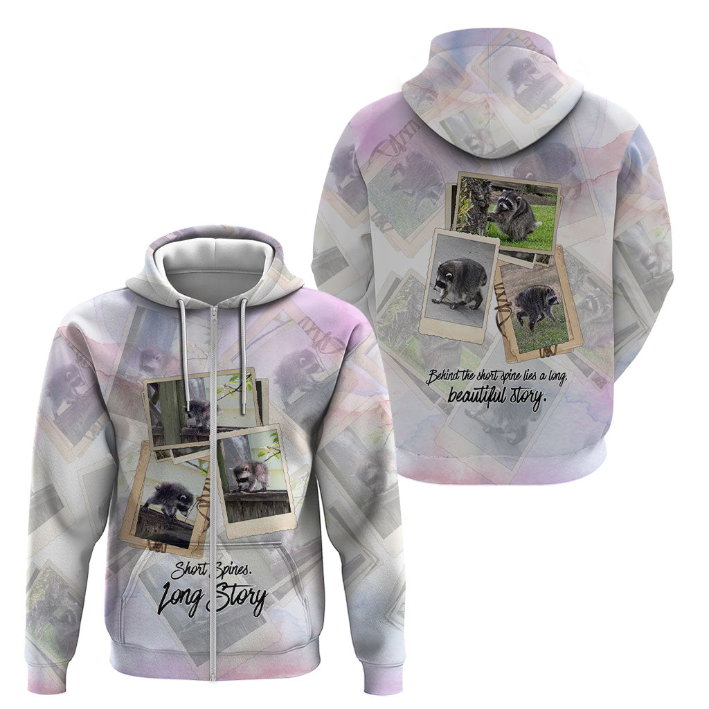 Jimothy The Raccoon Short Spines Long Story Zip Hoodie Vintage Polaroid Scrapbook Photography Collage