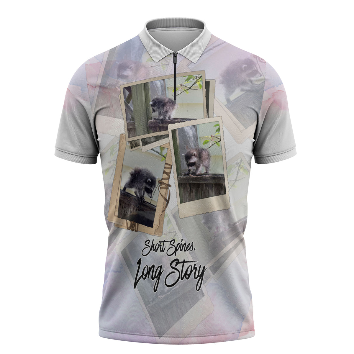 Jimothy The Raccoon Short Spines Long Story Zipper Polo Shirt Vintage Polaroid Scrapbook Photography Collage