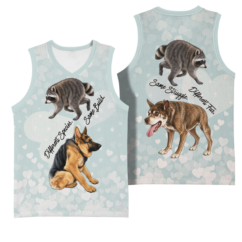 Jimothy The Raccoon And Dogs Basketball Jersey Different Species Same Build Inspirational Heart