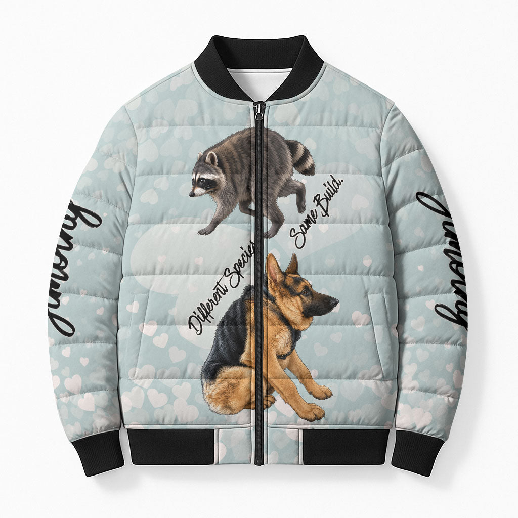 Jimothy The Raccoon And Dogs Bomber Puffer Jacket Different Species Same Build Inspirational Heart