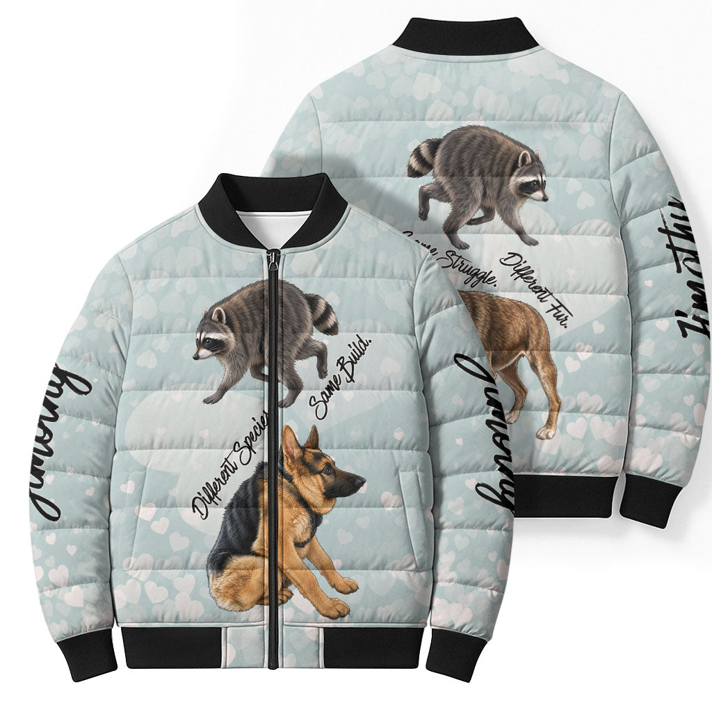 Jimothy The Raccoon And Dogs Bomber Puffer Jacket Different Species Same Build Inspirational Heart