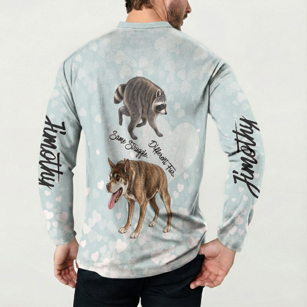 Jimothy The Raccoon And Dogs Button Sweatshirt Different Species Same Build Inspirational Heart