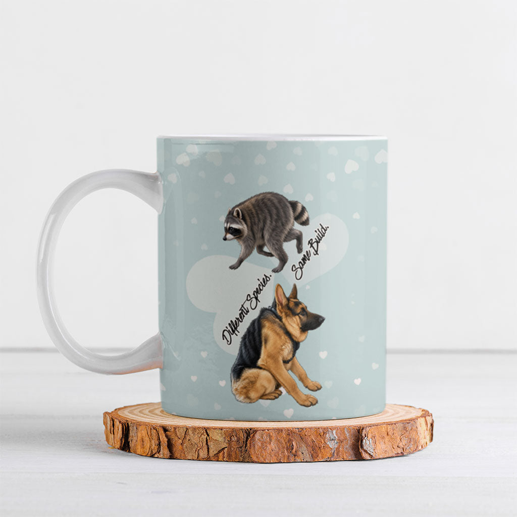 Jimothy The Raccoon And Dogs Ceramic Mug Different Species Same Build Inspirational Heart
