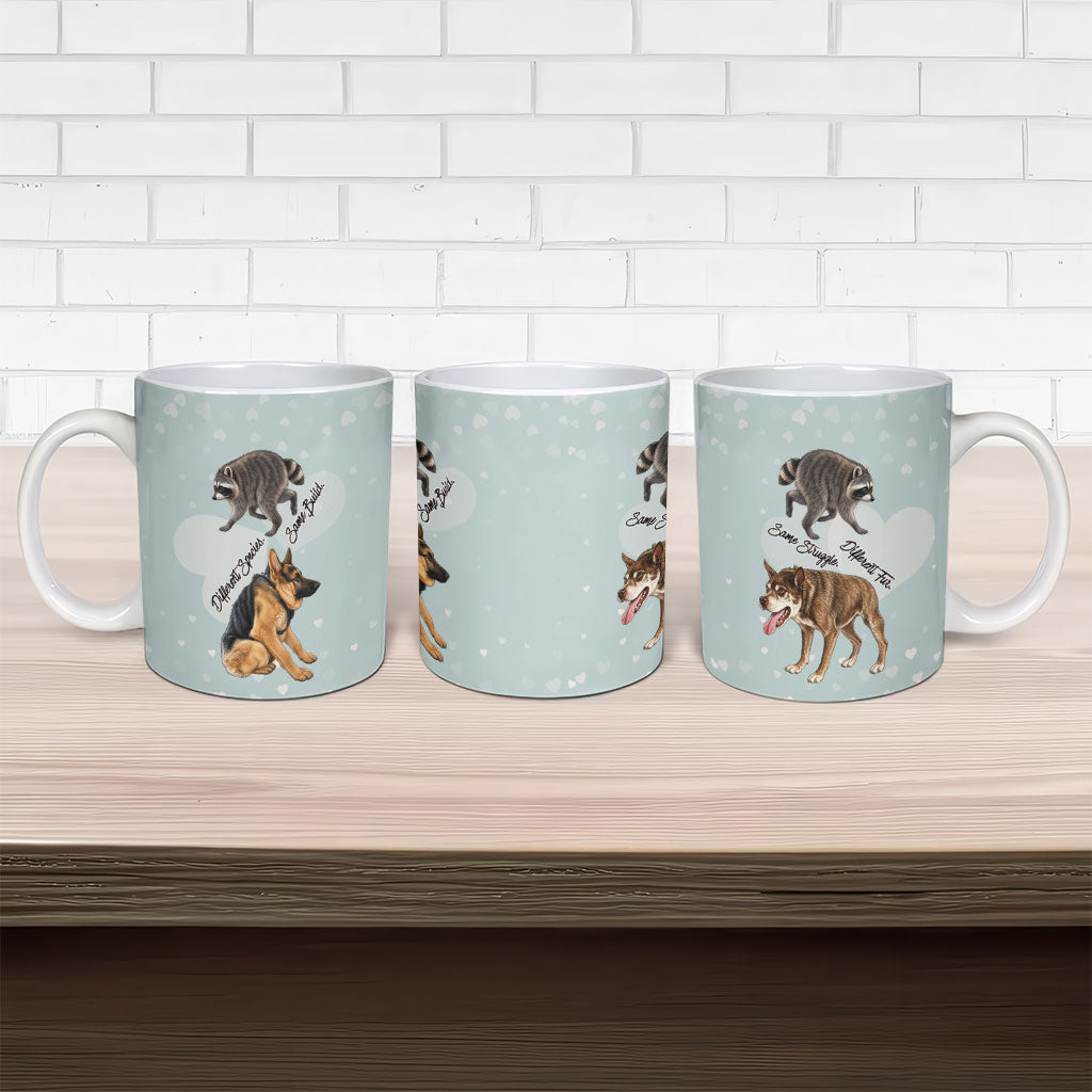 Jimothy The Raccoon And Dogs Ceramic Mug Different Species Same Build Inspirational Heart