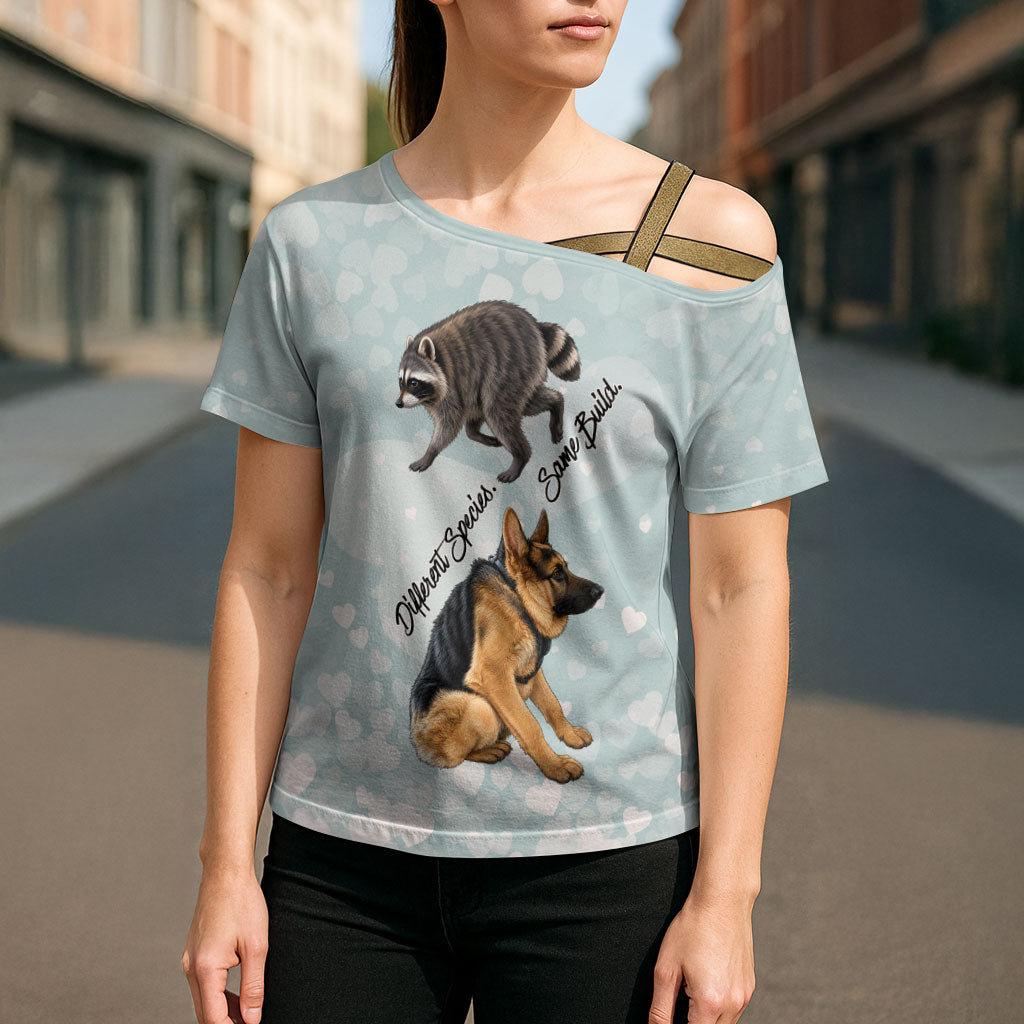 Jimothy The Raccoon And Dogs Cross Shoulder Shirt Different Species Same Build Inspirational Heart
