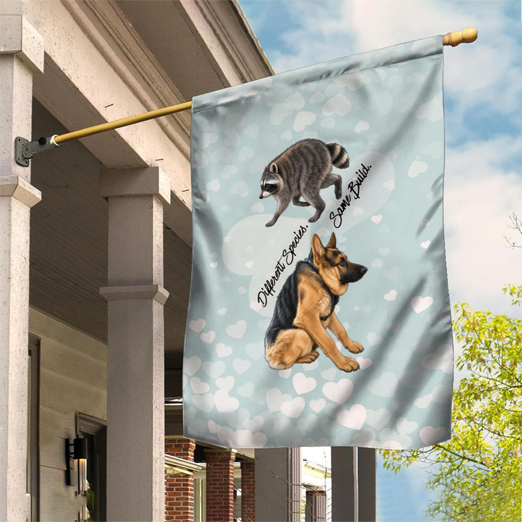 Jimothy The Raccoon And Dogs Garden Flag Different Species Same Build Inspirational Heart